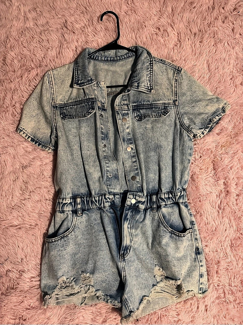 SHEIN Short Sleeve Distressed Denim Romper Blue Small